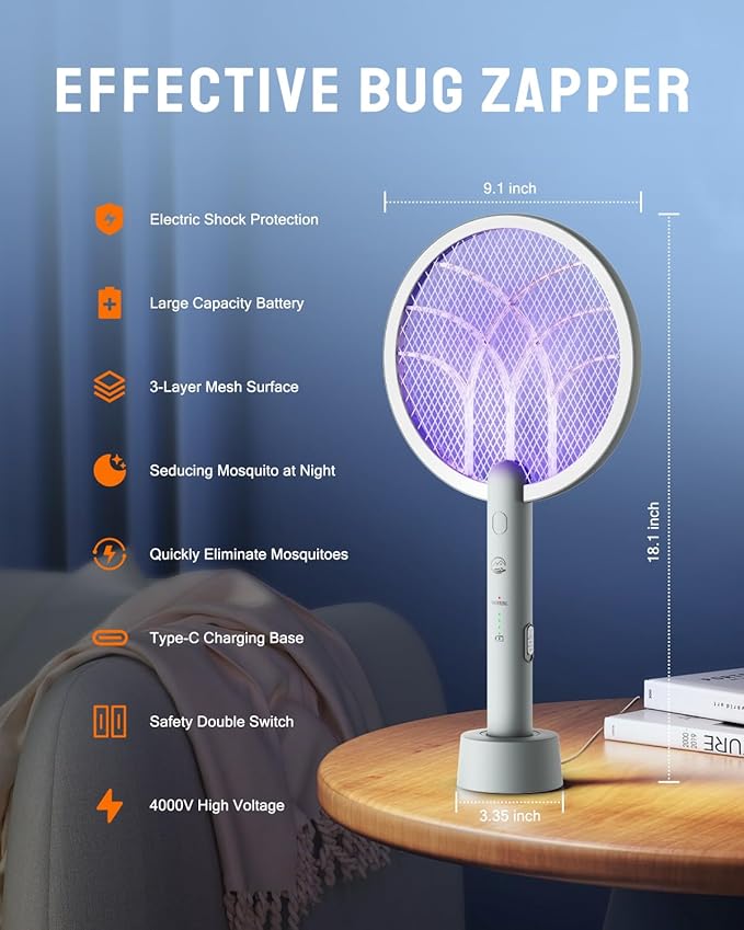Electric Fly Swatter Racket 4000V Bug Zapper with 1800mah Rechargeable Battery &amp Dual Modes 2 in 1 Purple Mosquito Light Killer with 3-Layer Safety Mesh for Indoor Home Patio Camp(1 Pack)