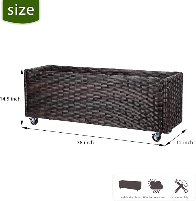 Raised Garden Bed with Wheels - Rattan Wicker Elevated Raised Garden Bed Outdoor Raised Planter Box for Vegetables Grass Lawn Yard 38 x 14.5 x 12 in Brown