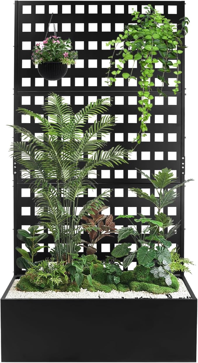 Metal Planter Box with Trellis 35''Lx18''Wx71''H Raised Garden Bed with Trellis for Climbing Plants with Privacy Screen Planter with Trellis &ampDrainage Holes Privacy Planters (35''Lx18''Wx71''H)