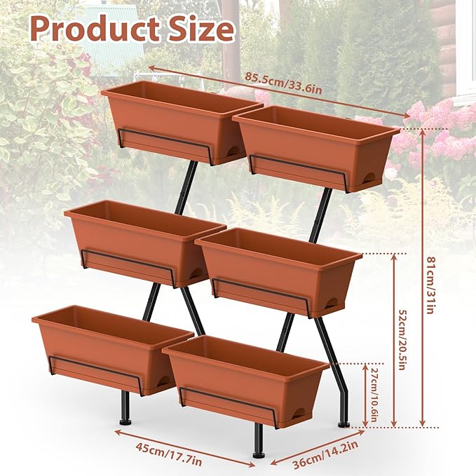 Sunexinlo 3-Tier Vertical Garden Planter with 6 Boxes 31 Tall Raised Garden Bed with Adjustable Feet for Herbs Flowers Vegetables Ideal for Indoor Outdoor Patio Balcony Deck Use Brick Red