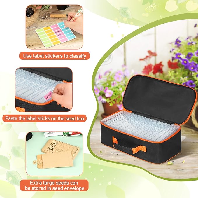 FACULX 15 Slots Seed Storage Box with 20 Seed Envelopes Large Capacity Seeds Organizer Container with Zipper Bag Label Stickers Seeds Saving Container for Garden Vegetable and Flower (Orange)