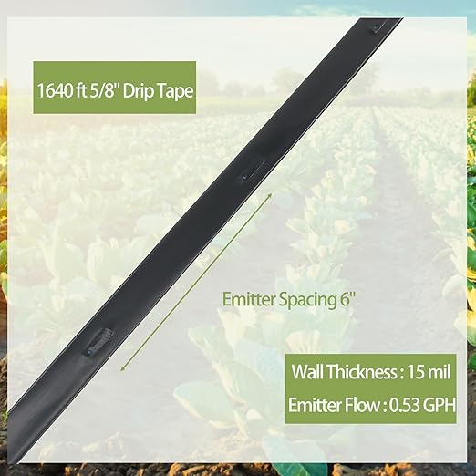 1640 ft 5/8 Drip Irrigation Tape Kit 15 mil Emitter Spacing 6 Flat Drip Tape with 140 PCS Drip Tape Connectors Automatic Irrigation Equipment for Garden Irrigation Emitter Flow:0.79 GPH