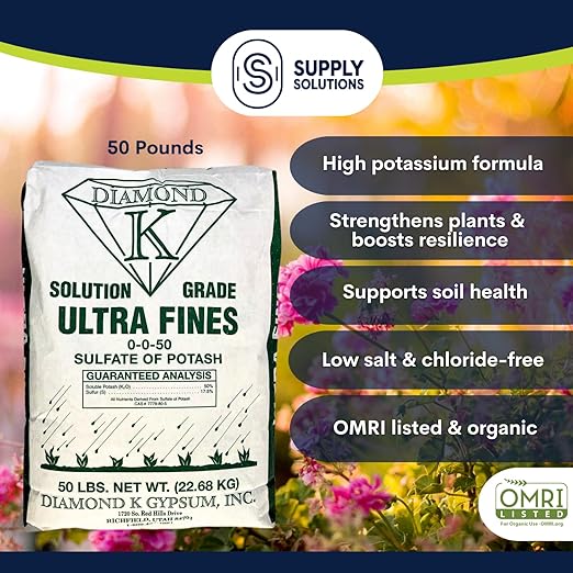 Supply Solutions Sulfate of Potash 0-0-50 Plant Fertilizer- Potassium Fertilizer for Indoor Plants Food Outdoor Flowers Gardens Fruit Lawn - Potassium Plant Food with Nutrients (50 Pounds)