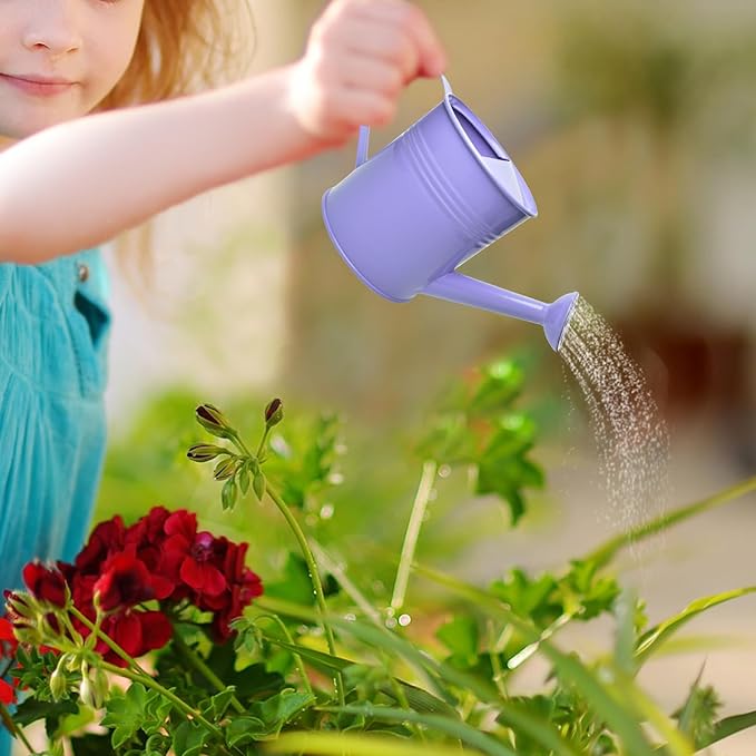 Small Metal Watering Can Set Pink 1.2L and 0.23L Garden Cans with Long Spout Indoor Outdoor Plant Care (Purple)
