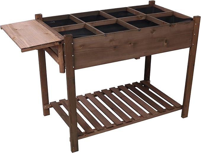 8 Pockets Horticulture Raised Garden Bed Elevated Wood Planter Box Stand with Foldable Side Table and Storage Shelf for HerbVegetablesFlowers Dark Brown Color