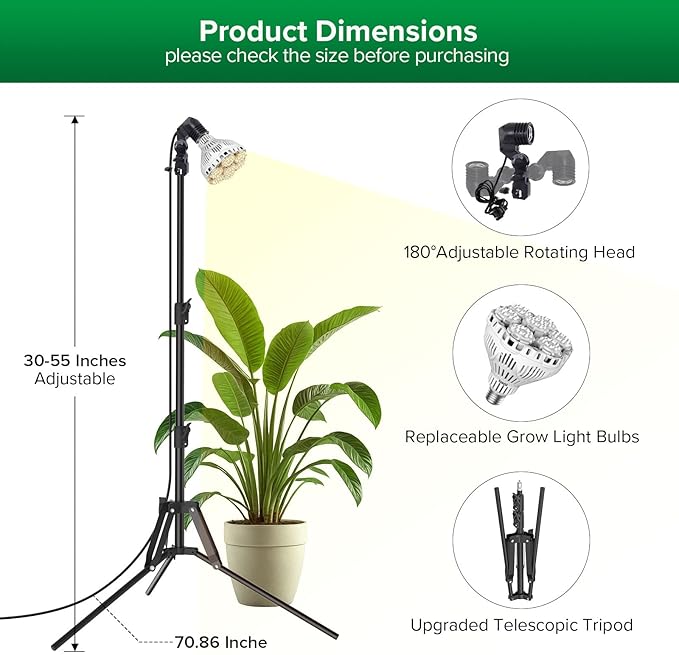 SANSI Standing Grow Lights for Indoor Plants 40W Plant Lights for Indoor Growing Full Spectrum(600W Equiv) Tripod Adjustable 30-55 Plant Lamp with 4-Level Dimmable Auto On Off 4 8 12 Hrs Timer