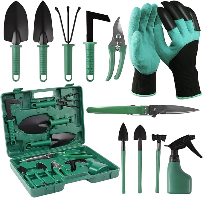 11 Pcs Garden Tools Set with Gloves Heavy Duty Trowel Rake Weeder Pruner Shears Sprayer with Ergonomic Handle Garden Hand Tools with Carrying Case Gardening Gifts for Women Men Green