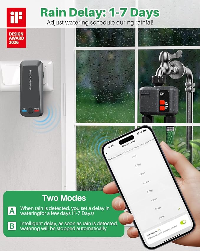 WiFi Sprinkler Timer 2 Zone with 984 Feet RF Gateway 2 Pack Smart Water Timer for Garden Hose with Rain Delay/Manual/AutomaticWiFi Water Hose Timers for Garden &amp Lawns