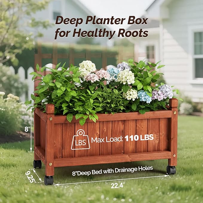 VINGLI 2PC Wooden Planter with Trellis 50 Height Elevated Garden Beds Outdoor with Wheels FreeStanding Planter Box with Drainage Holes for Flower Vegetable Fruit Herb in Garden Patio Balcony