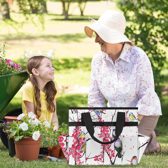 Garden Tool BagFloral Bird Tree Branch Gardening Organizer Bag With Pockets Garden Tool Kit Storage Tote for Women Men Garden Tool Set Holder