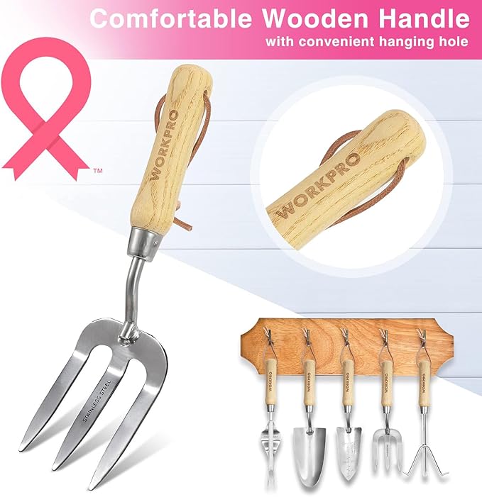 WORKPRO 8-Piece Pink Garden Tool Set Stainless Steel Gardening Tools with Wood Handle Including Garden Tote Gloves Trowel Hand Weeder Cultivator and More Gardening Gifts For Women - Pink Ribbon