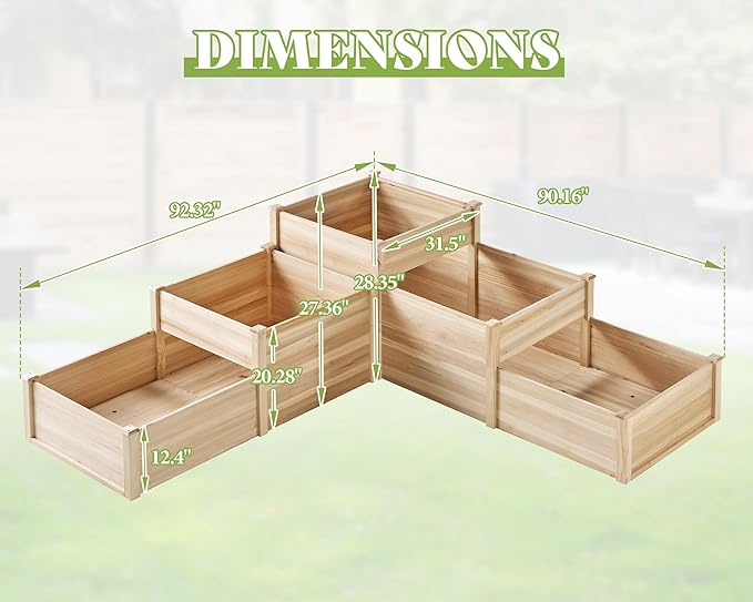 AMERLIFE 3-Tier Raised Garden Bed 28 Inch Depth Fir Wood Planter Box for Outdoor Gardening with Dividers Tool-Free Assembly Garden Box Ideal for Vegetables Herbs Flowers