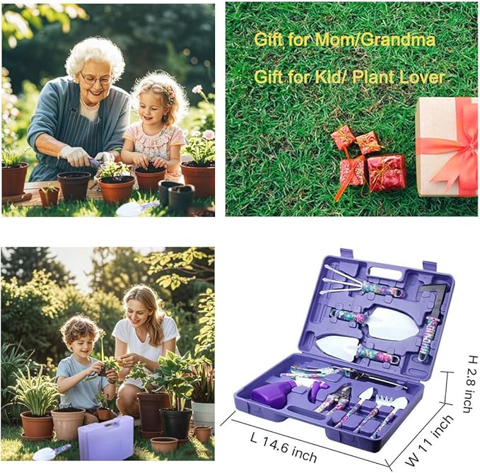 Garden Tool Sets Gardening Grandma Kid Gifts 10 Pieces Plant Hand Tool Sets with Purple Carrying Case for Men Gardener