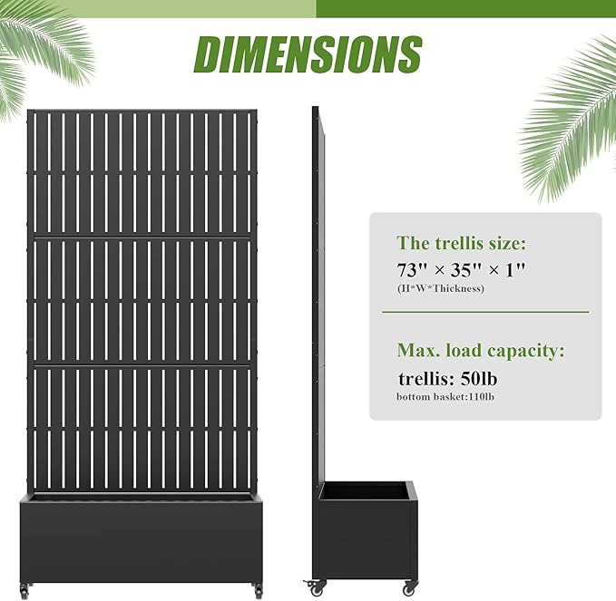 Casaphoria 72x35 Metal Raised Garden Bed with Trellis(2 Pack) Outdoor Planter Box with Wheels &amp Drainage Holes for Climbing Plants Flowers Elevated Garden Kit with Privacy Screen Black-Fence