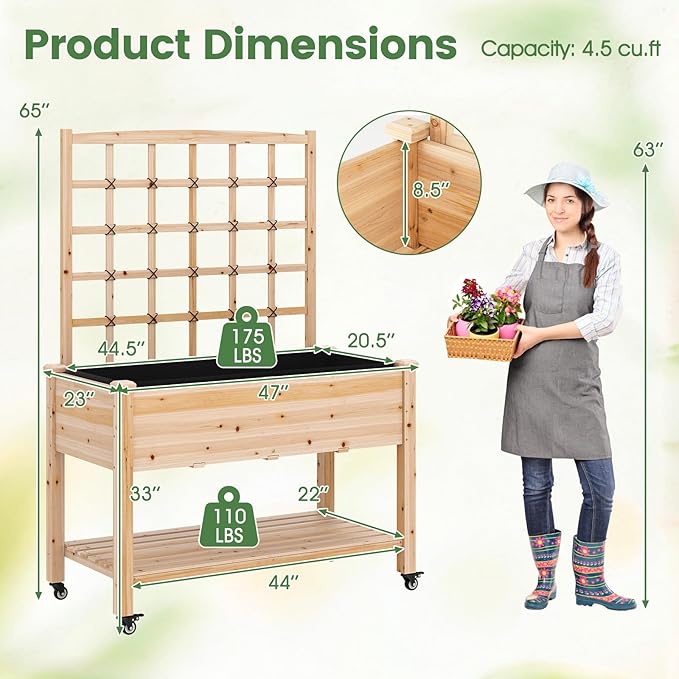 COSTWAY Wooden Raised Garden Bed with Trellis Mobile Elevated Planter on Wheels 285 lbs Capacity with Liner &amp Drainage Holes Freestanding Outdoor Box for Climbing Plants Vegetables &amp Herb