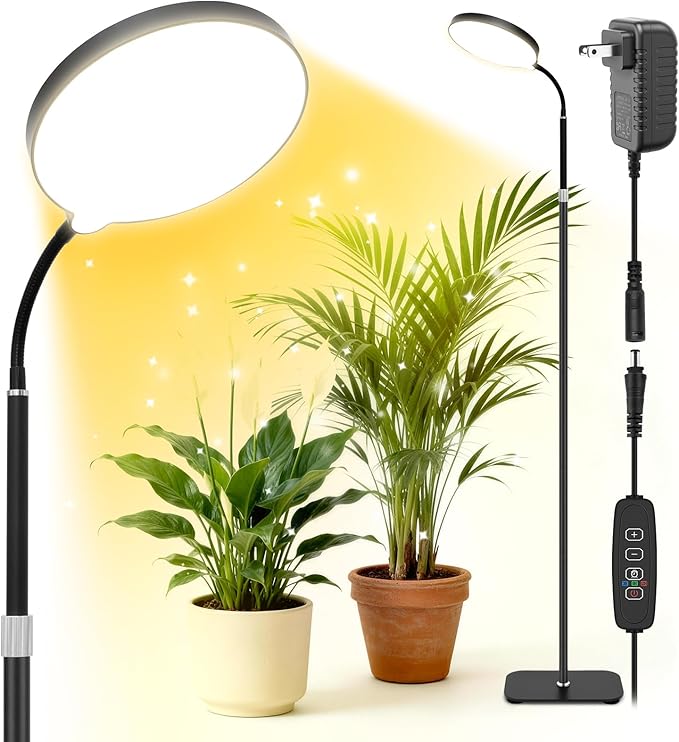 20W Full Spectrum Grow Light for Indoor Plants 63in Adjustable Floor Lamp with Gooseneck 4000K Natural Sunlike Light 3/9/12H Auto On/Off Timer 10-Level Dimmable for Tall Small Plants