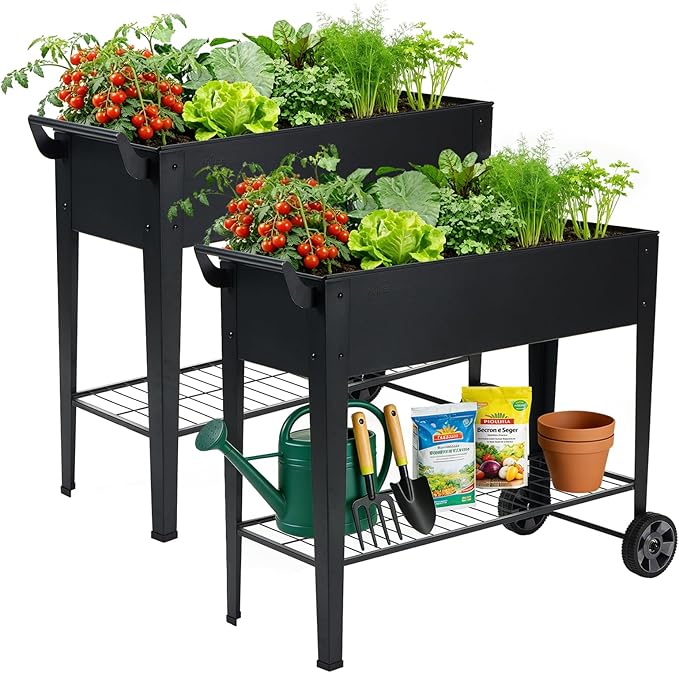 2-Pack 32”Height Elevated Raised Garden Bed with Wheels &amp Storage Shelf 400 Lbs Capacity Anti-Rust Space-Saving Planter for Vegetables Herbs Patio Balcony Backyard