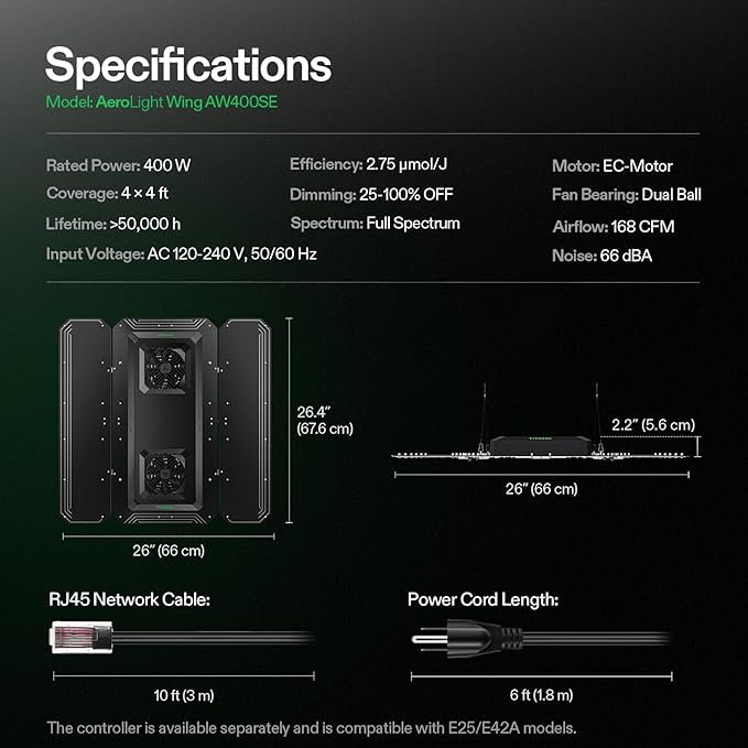 VIVOSUN AeroLight Wing AW400SE LED Grow Light 400W with Integrated Circulation Fan App Compatible Used with Growhub Controller E42A/E25 to Achieve More Functions for 4x4/5x5 Grow Tent