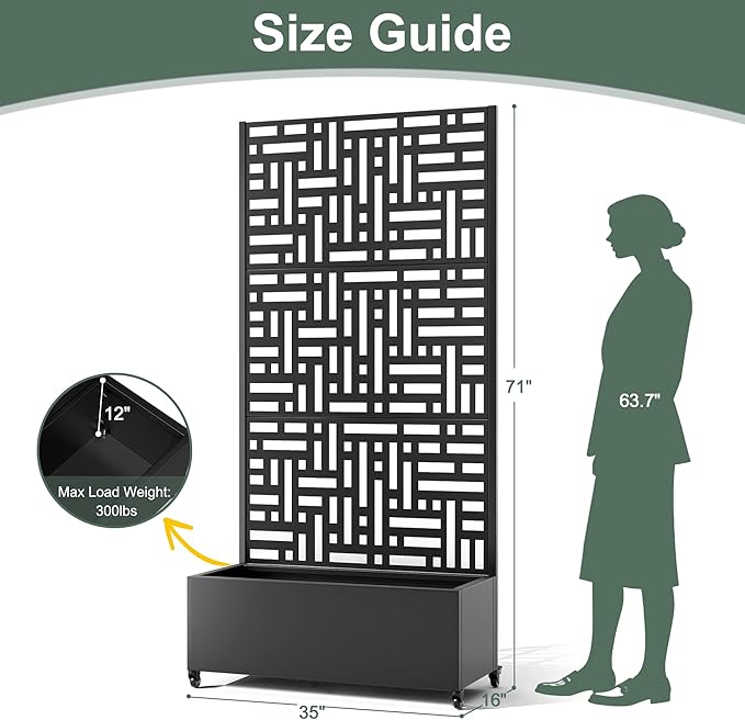 Metal Raised Garden Bed with Trellis Privacy Screen for Outdoor Plants Planter Box with Wheels for Patio 35L×16W×71H Privacy Planters for Climbing Vegetables Flowers Fruits (Black Street)