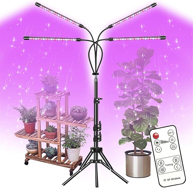 80W LED Full Spectrum Grow Lamps with Tripod Dimmable 9 Level Brightness Greenhouse Flower Adjustable Floor Plant Growing Lights with Timer Remote Control
