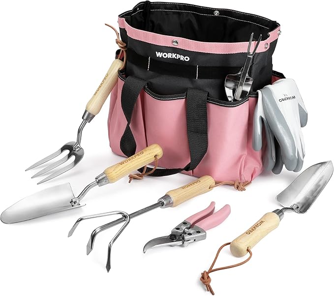 WORKPRO 8-Piece Pink Garden Tool Set Stainless Steel Gardening Tools with Wood Handle Including Garden Tote Gloves Trowel Hand Weeder Cultivator and More Gardening Gifts For Women - Pink Ribbon
