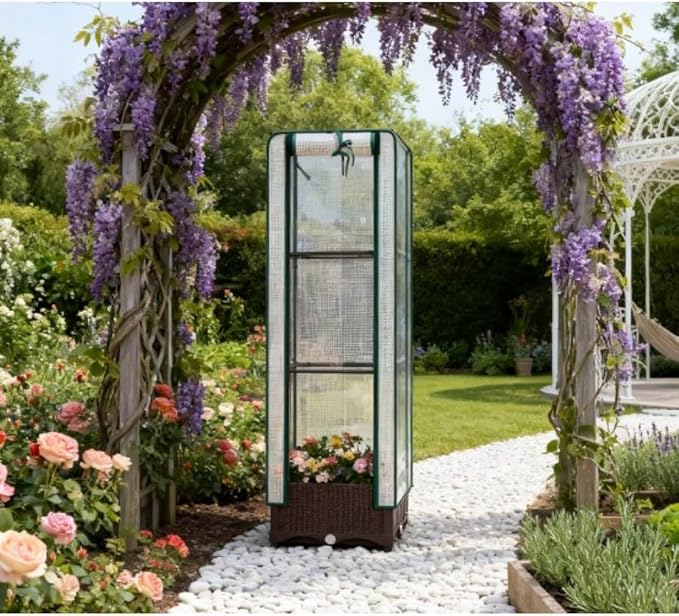 Raised Garden Bed with Built-in Trellis and Weather-Resistant Cover for Outdoor Vegetable and Flower Growing (Brown + White + Polypropylene + Steel-1)