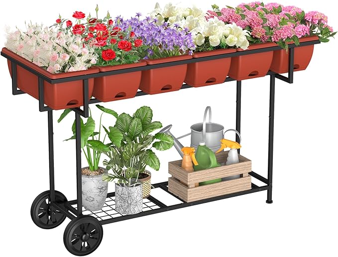 YBING Elevated Garden Bed with Wheels Outdoor 42x17x30in Elevated Raised Planter Box Stand 6 Pocket Herb Garden Planter with Storage Shelf for Balcony Patio Red
