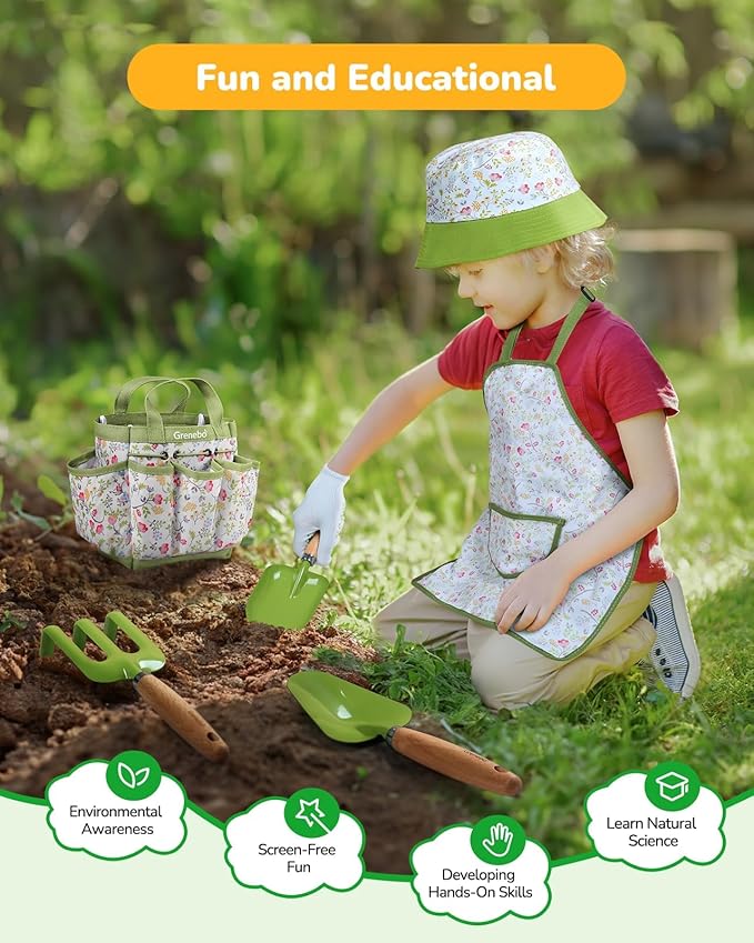 Kids Gardening Set Toys Quality Garden Tool Kit for Kids and Toddlers Includes Two Shovels Garden hatRake ApronGloves Watering Can and Tool Bag (Green)