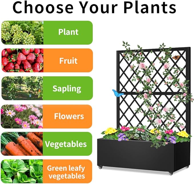 Metal Planter Box with Privacy Screen TrellisGalvanized Raised Garden Bed On Wheels for Climbing Plants Vines Standing Garden Flower Bed with Drainage Holes (Black 35 L x16 W x 55 H)
