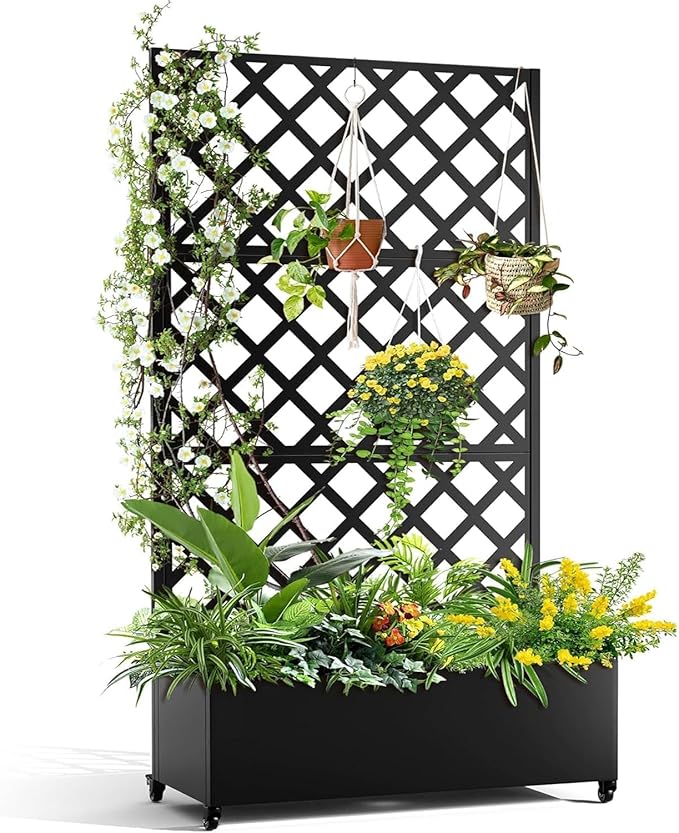 Metal Raised Planter Box with Diamond Lattice Trellis &amp Lockable Wheels 12'' Deep Galvanized Garden Bed with Privacy Screen &amp Drainage for Climbing Plants Flowers &amp Vines – Patio Balcon