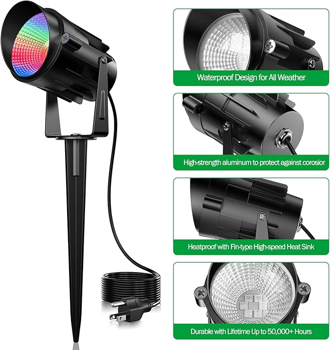Spotlight Outdoor RGB Led Lights 12W Color Changing Outdoor Floodlight Fixture with Stake for Garden Yard Path 120V Waterproof Landscape Lighting Plug in with Remote (4 Pack)