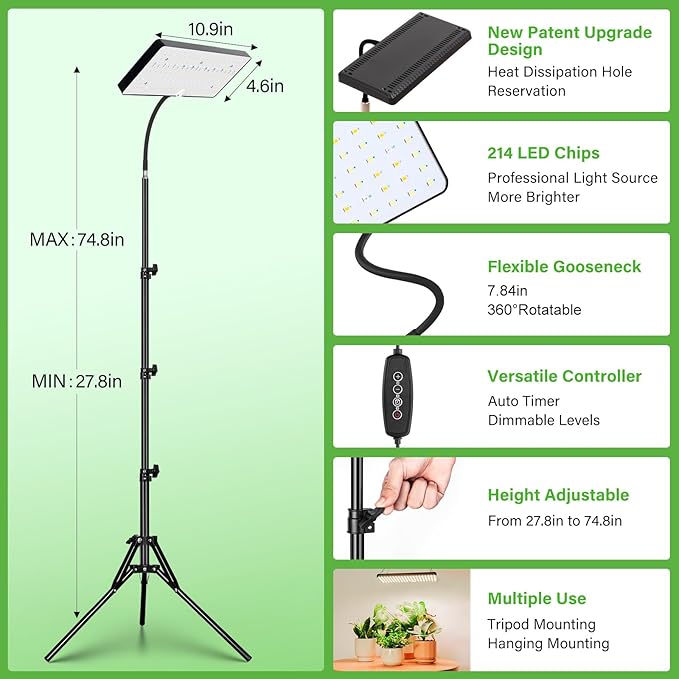 LBW Grow Lights for Indoor Plants Full Spectrum with Stand214 LEDs Standing Plant Lights for Indoor GrowingFloor Grow Plant Lamp with 4/8/12H Timer6 Brightness Levels75 Adjustable Tripod