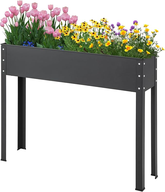 MAT EXPERT Raised Garden Bed 31.5’’ Elevated Metal Planter Box Stand w/Drainage Hole Outdoor Indoor Plant Container for Vegetable Flower Herb Fruit Standing Raised Bed for Backyard (Black)