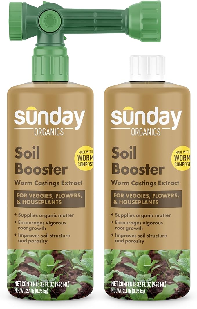 Sunday Soil Booster - Worm Casting Tea - Enhance Soil Health &amp Promote Vigorous Plant Growth - Made with Vermicompost Extract &amp Humic Acid - 32 Fl Oz 2 Pack