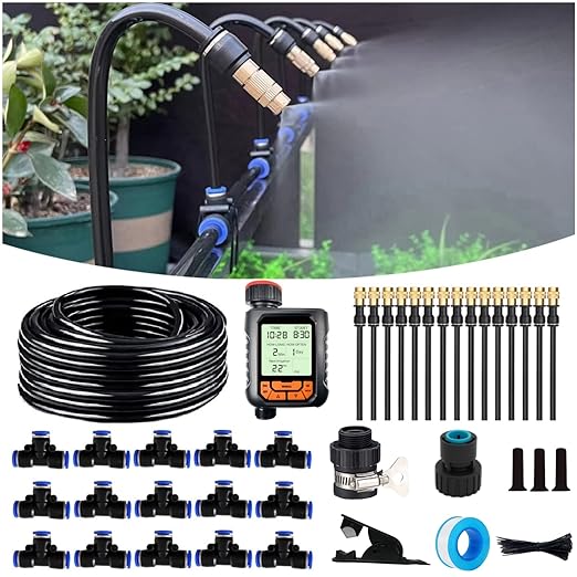 New Quick Connector Drip Irrigation KitsAutomatic Irrigation System with 360-degree Bending DropperAdjustable atomizing Copper Nozzle for Watering System for Garden Plants Lawn.(Automatic Timer)