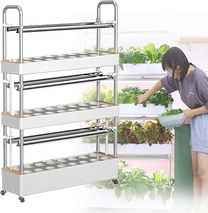48/64/90/120Holes Hydroponics Tower with LED Grow Light Smart Hydroponic Tower Self-watering Growing kit for Herbs Fruits and Vegetables with Water Pump48hole