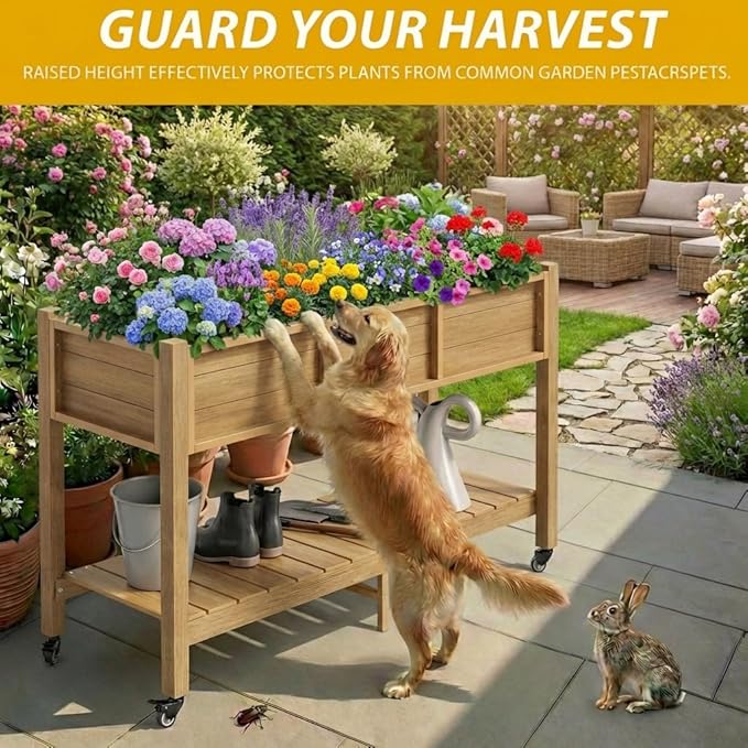 DWVO 47x18x31in Raised Garden Bed Outdoor HDPE with Legs and Lockable Wheels Weather-Resistant Poly-Wood Elevated Planter Box Herb Garden Bed for Backyard Patio Balcony Brown