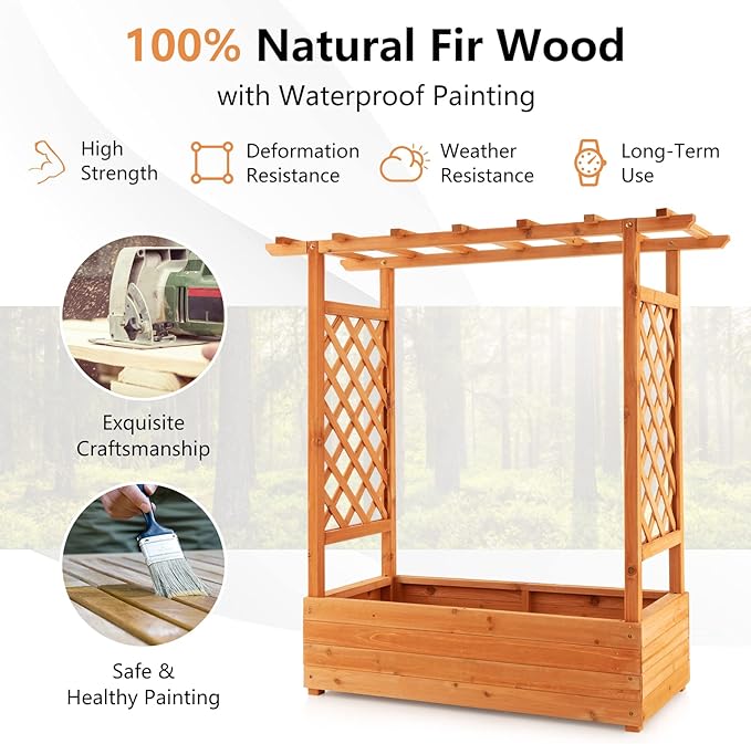 ORALNER Raised Garden Bed with Trellis Wooden Planter Box with Climbing Frame Outdoor Elevated Garden Box for Vegetables Herbs Flowers Fruits (Small)