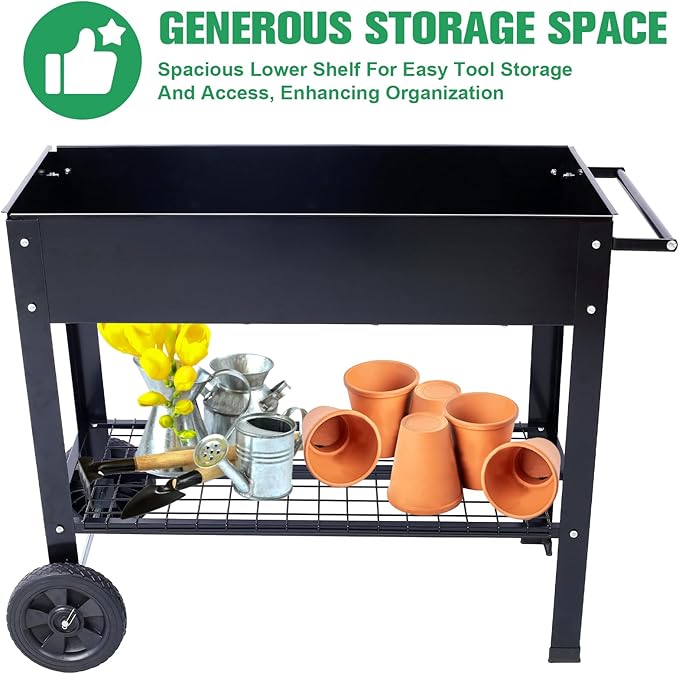 Elevated Mobile Raised Ergonomic Metal Planter Garden Bed for Backyard Patio w/Wheels Lower Shelf Black