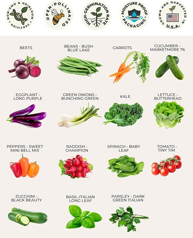 Tactiko Survival 15 Vegetable Seed Kit Varieties for Small Urban Garden Balconies &amp Patios - Non-GMO Heirloom - Popular USA-Grown Dwarf Seeds for Planting Vegetables - Indoor Outdoor