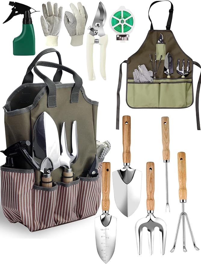 Gardening Tools Set 11 PCS Heavy Duty Stainless Steel Garden Tool Kit with Large Garden Tote Bag &amp Apron Durable Ergonomic Hand Tool Ideal Gardening Gift for Women Men Mom Dad
