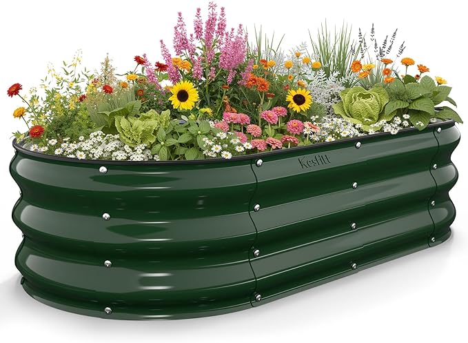 Kesfitt Raised Garden Bed 4x2x1 FT Galvanized Steel Metal Raised Garden Bed Oval Open-Bottom Design 12-Inch Deep for Outdoor Vegetable &amp Herb Gardening Forest Green