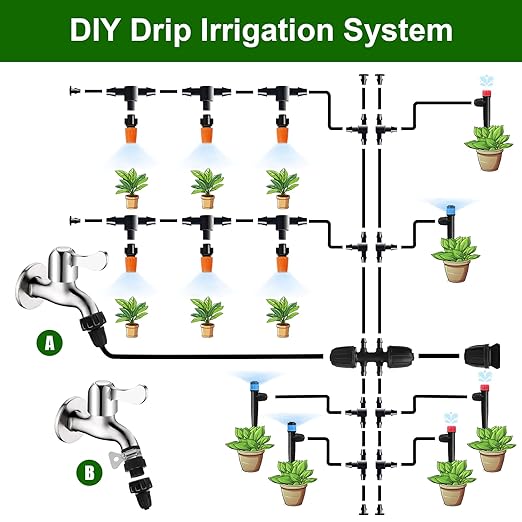260 FT Drip Irrigation System Kit Automatic Garden Watering System with 2/5 &amp 1/4 Tube for Greenhouse Lawn Raised Bed Micro Misting Plant Sprinkler System Adjustable Drip Emitters