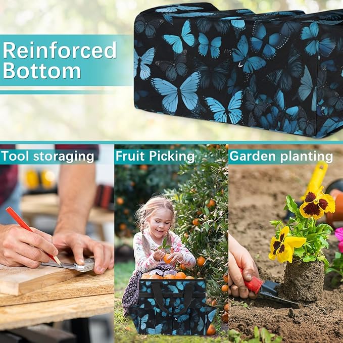 Butterfly Blue Gardening Tool BagHeavy Duty Garden Tote BagPortable Oxford Gardening Storage Basket Organizer Handbag with Pockets HandleHand Tools Gifts for Outdoor Garden Lawn Yard