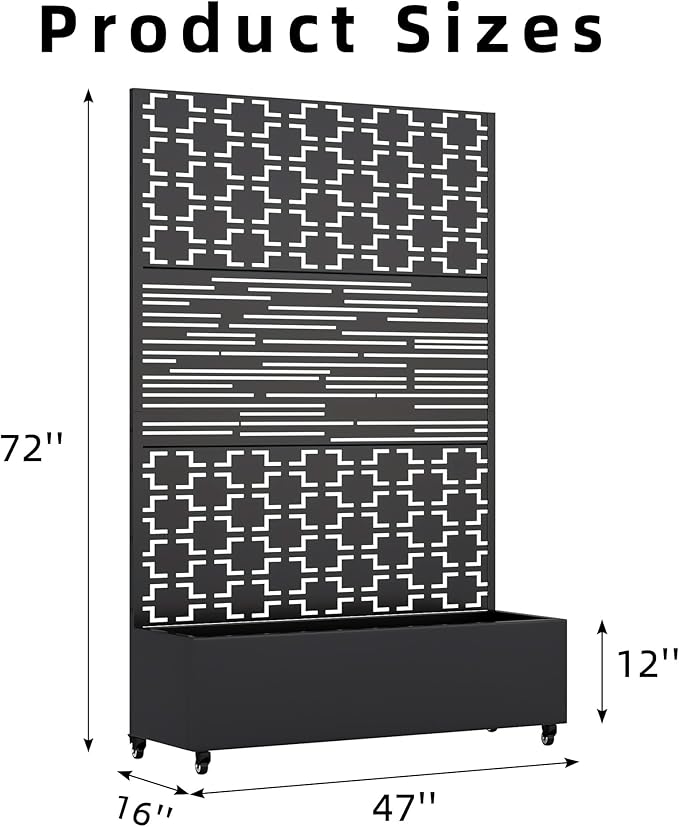 Casaphoria Metal Raised Garden Bed with Trellis and Wheels 72x47x16 Planter Box for Climbing Plants Vegetables &amp Vines Features Drainage Holes and Privacy Screen Black(Square&ampShine)