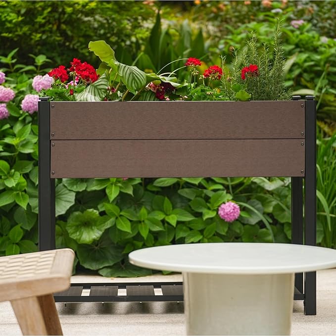 42 l x 33 h HDPE Raised Garden Bed on Legs with Storage Shelf All-Weather Elevated Planter Box Standing Herb &amp Vegetable Grow Bed with Black Aluminum Posts for Patio Balcony and Outdoor Use