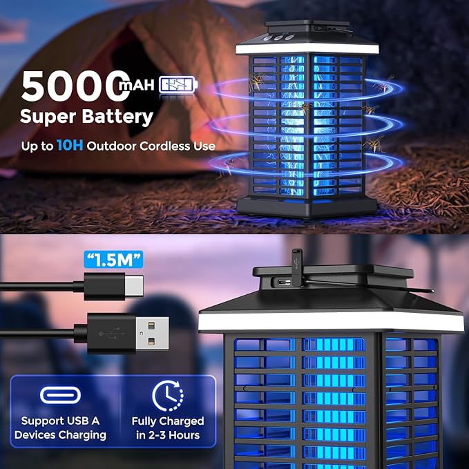 Bug Zapper Outdoor Mosquito Zapper 2 in 1 Portable &amp Rechargeable Bug Zapper Outdoor with 5000mAh Battery &amp LED Night Light 4000V Electric Fly Zapper for OutsidePatioBackyardGarden