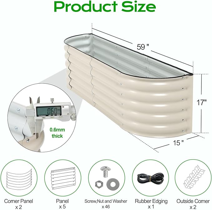 Aoodor 60 L x 15 W x 17 H Galvanized Raised Garden Bed Durable Half Moon Outdoor Planter Box for Vegetables Flowers and Herbs Beige