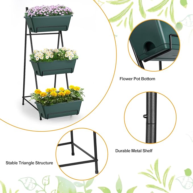 3 Tier Raised Garden Bed Vertical Elevated Garden Planter Standing Garden Bed Planter Box with Removable Tray Outdoor Herb Planter Stand on Patio Balcony Porch Green