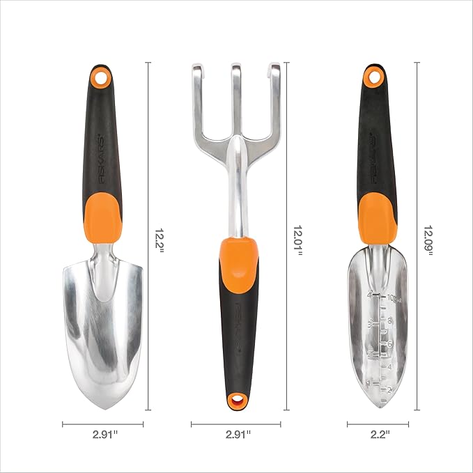 Fiskars 3-in-1 Garden Tool Set Polished Cast-Aluminum Heads for Rust Resistance Heavy-Duty Trowel Transplanter &amp Cultivator for Digging and Planting Non-Slip SoftGrip Handles Reduce Fatigue